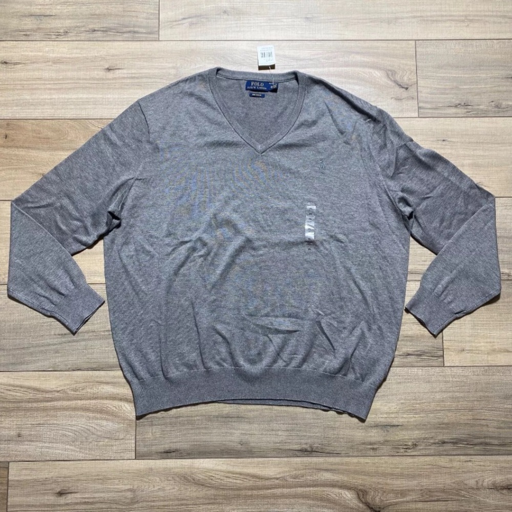 Polo Ralph Lauren Men’s Pima Cotton V-Neck‎ Long Sleeve Sweater Gray Size XXL